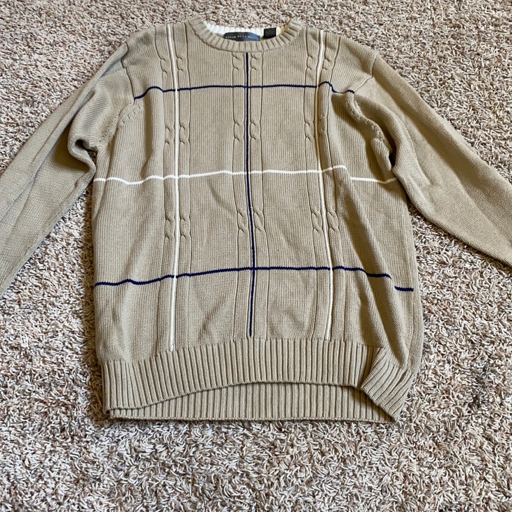 tan sweater with blue and off white striped